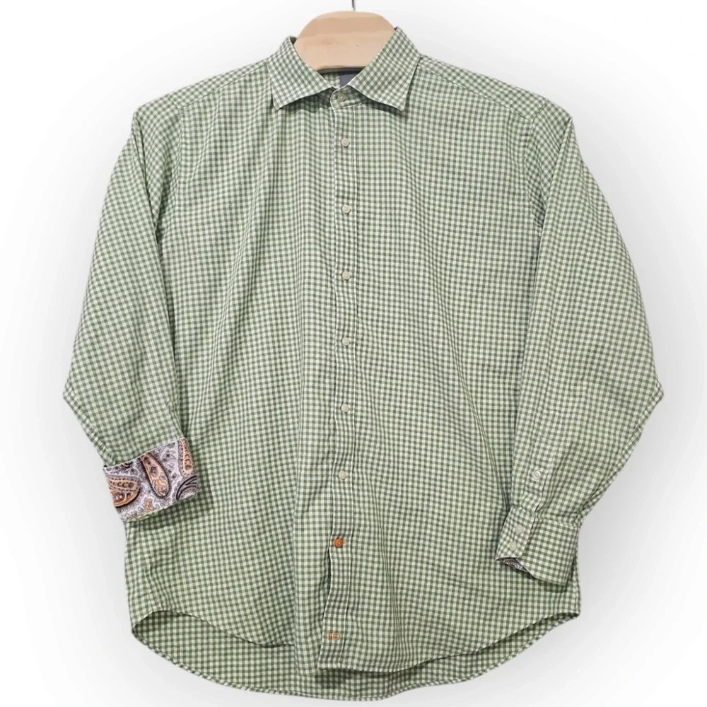 Thomas Dean Green, White Shepherd Check Paisley‎ Flip Cuff Button Up Shirt XXL